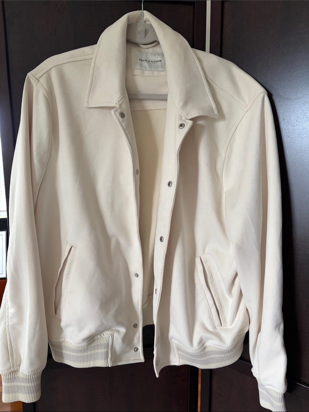 Denim and Flower Cream Men's Snap-Front Bomber Jacket L